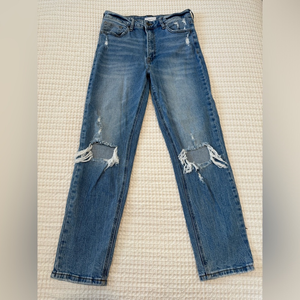 Classic Blue Distressed Straight Leg Jeans